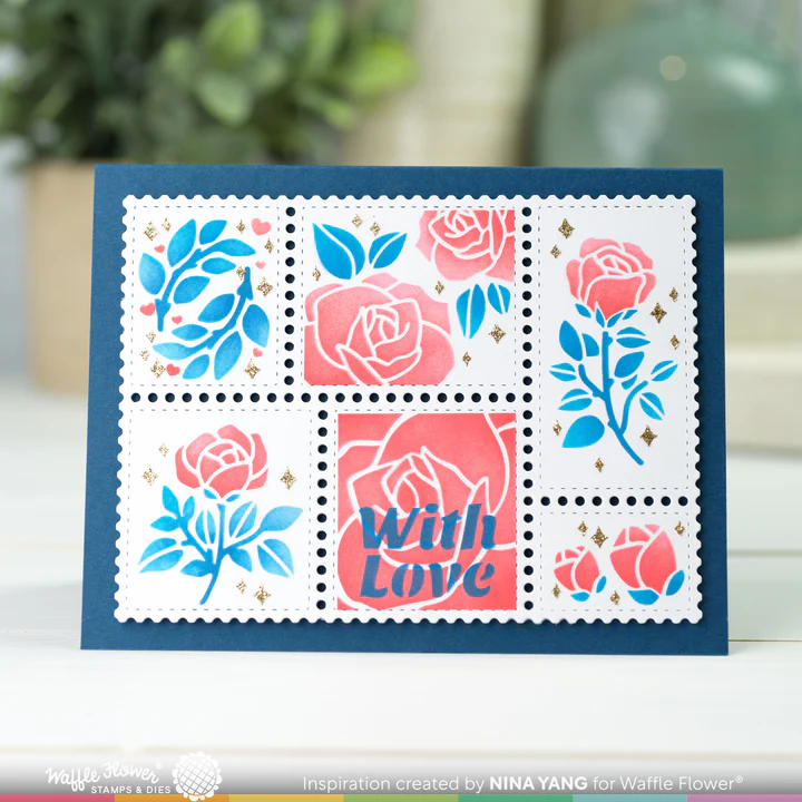 Bild 1 von Waffle Flower Postage Collage Rose Stencil - Briefmarken-Schablone Rose