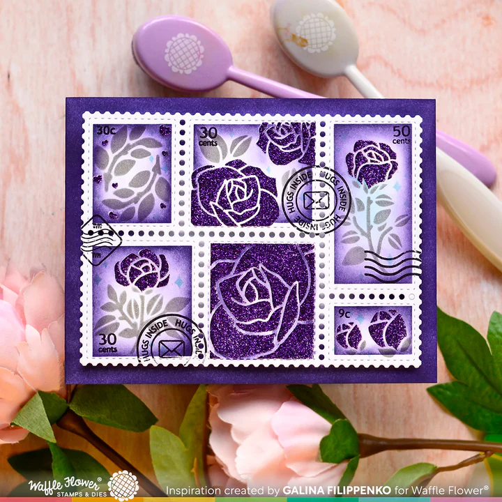 Bild 1 von Waffle Flower Postage Collage Rose Stencil - Briefmarken-Schablone Rose
