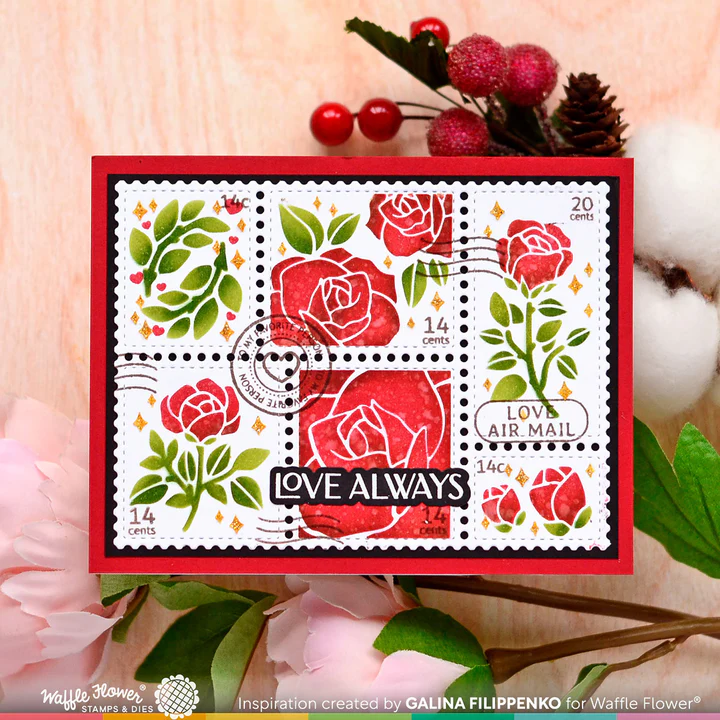 Bild 1 von Waffle Flower Postage Collage Rose Stencil - Briefmarken-Schablone Rose