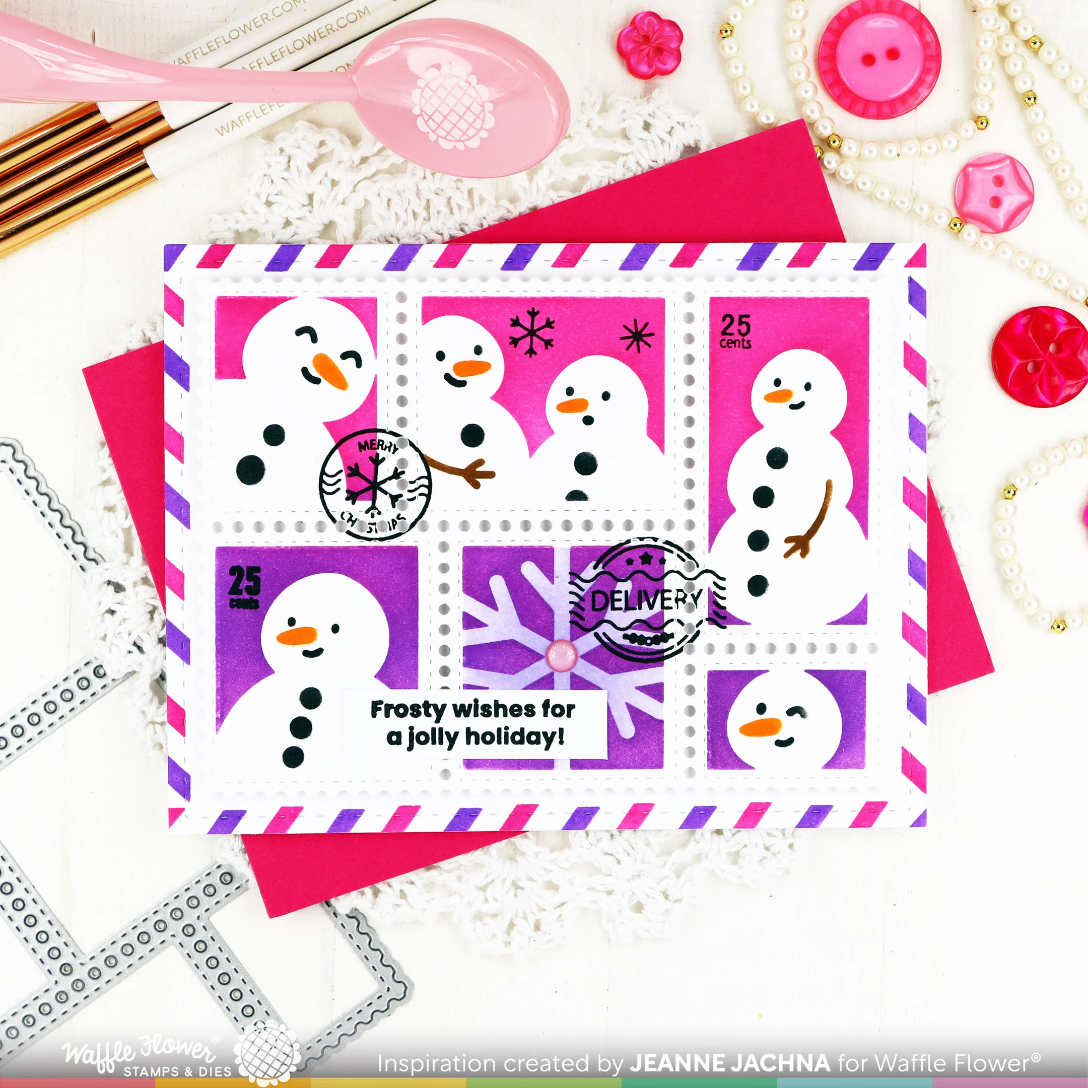 Bild 8 von Waffle Flower Postage Collage Snowman Stencil - Briefmarken-Schablone Schneemann