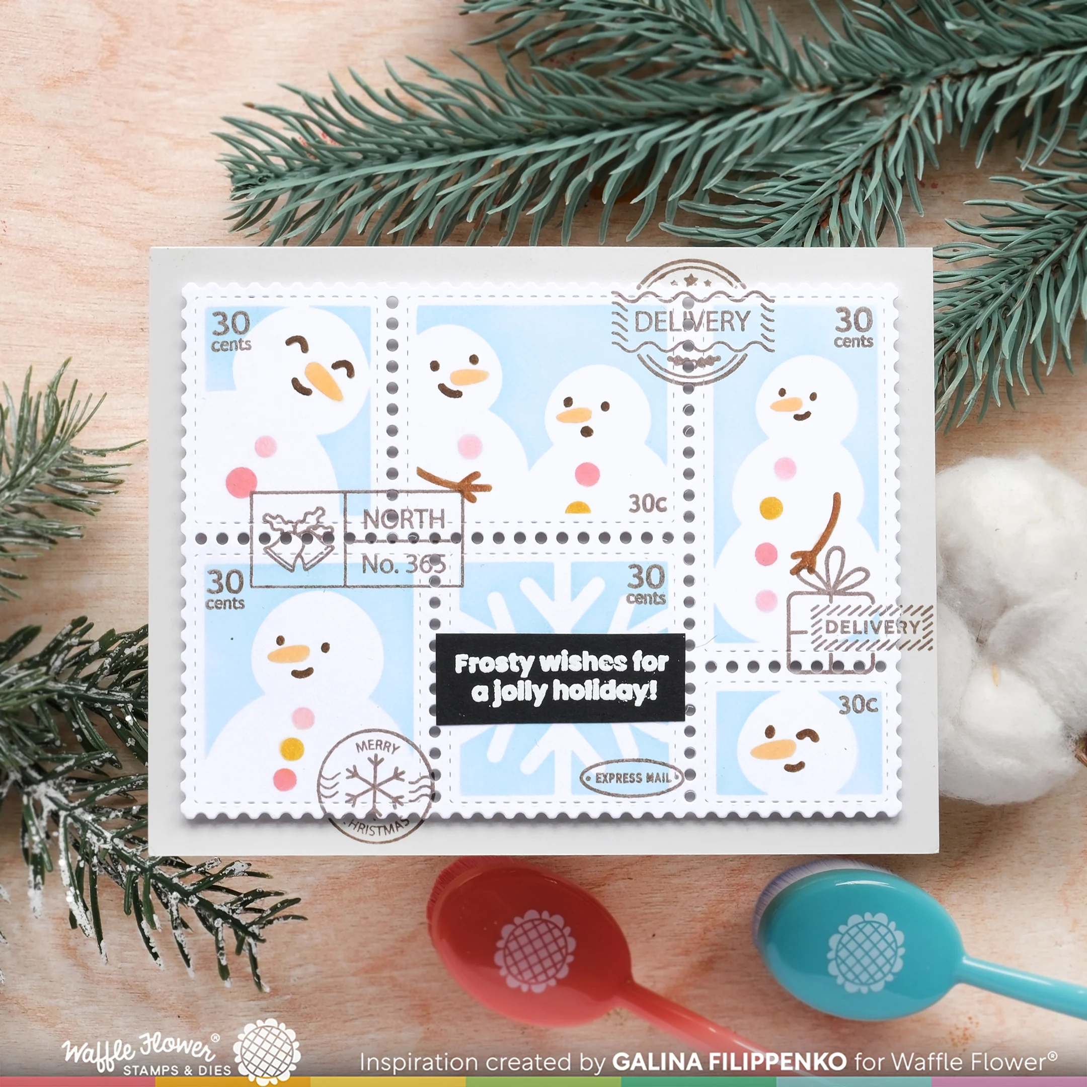 Bild 4 von Waffle Flower Postage Collage Snowman Stencil - Briefmarken-Schablone Schneemann
