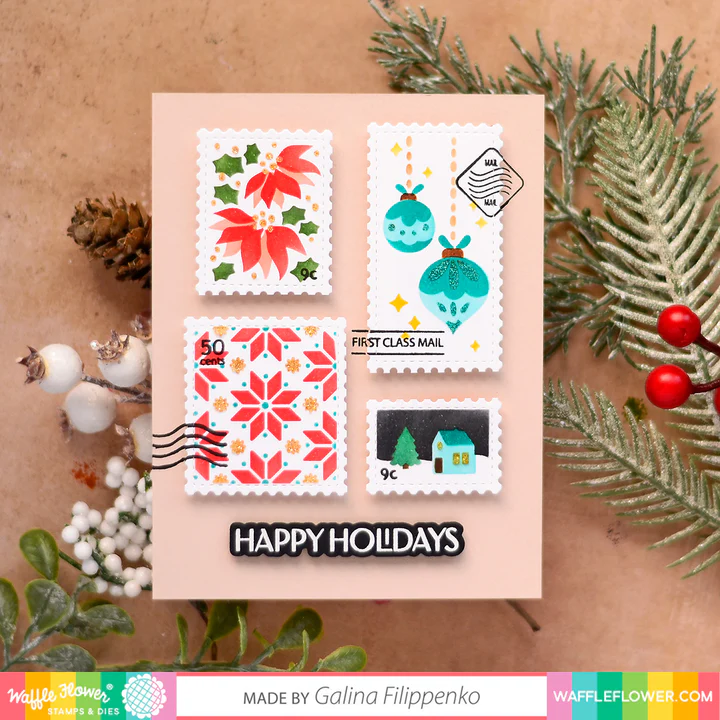 Bild 4 von Waffle Flower Postage Collage Christmas  Stencil - Briefmarken-Schablone Weihnachten