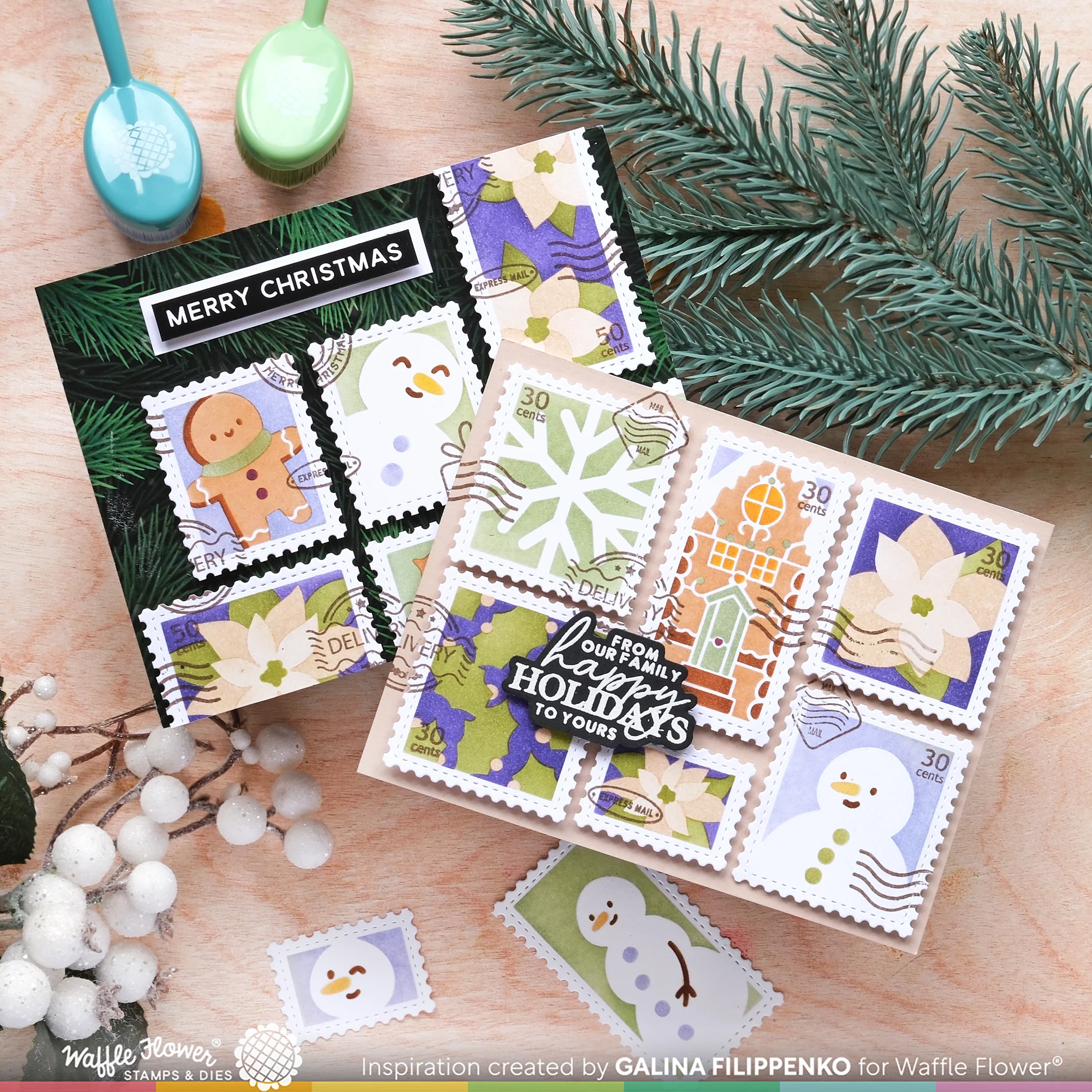 Bild 13 von Waffle Flower Postage Collage Snowman Stencil - Briefmarken-Schablone Schneemann