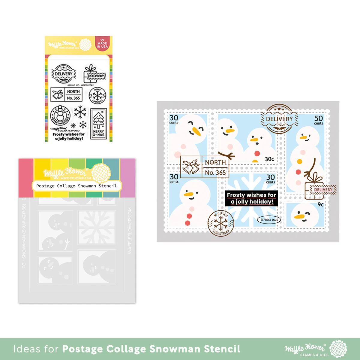 Bild 3 von Waffle Flower Postage Collage Snowman Stencil - Briefmarken-Schablone Schneemann
